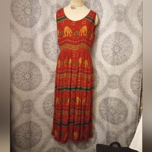 Bila Dress Women's Medium Rayon Maxi Red Elephant Print Boho Gypsy Flows